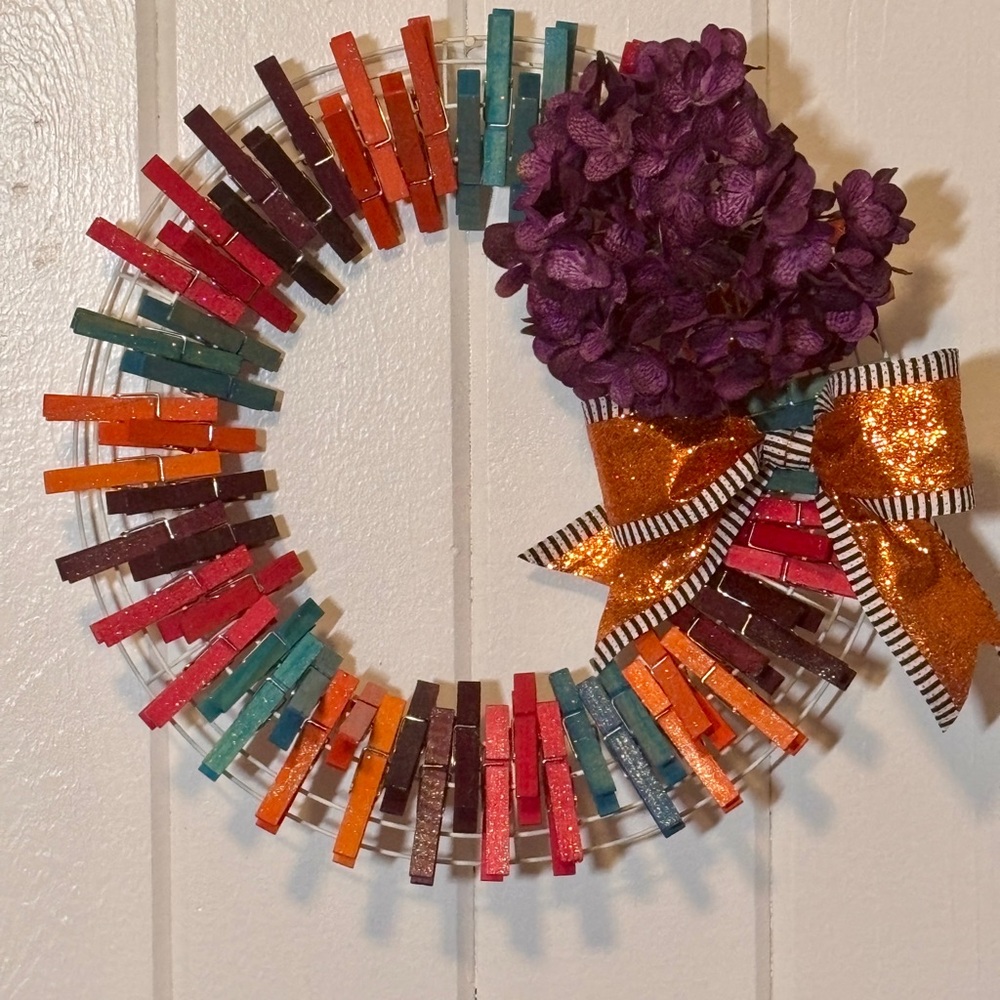 Festive Fall Multicolor Clothespin Wreath with Purple Floral Accent